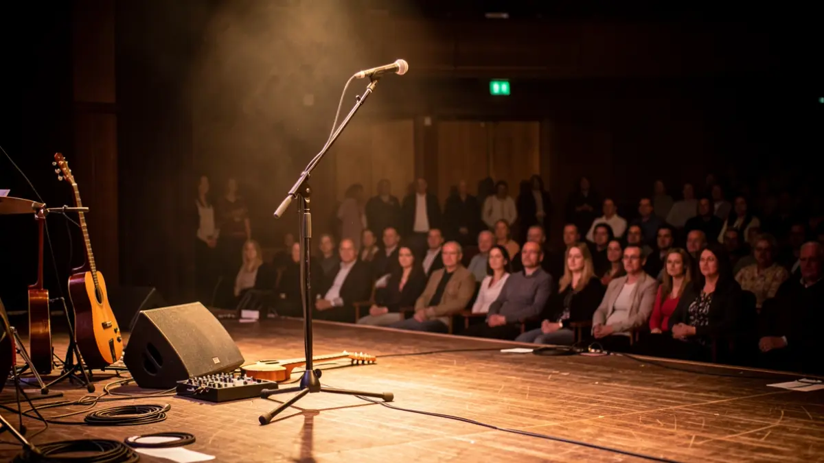 Musika talde baten kontzertu eszenatokia, argiztatua eta hutsik.