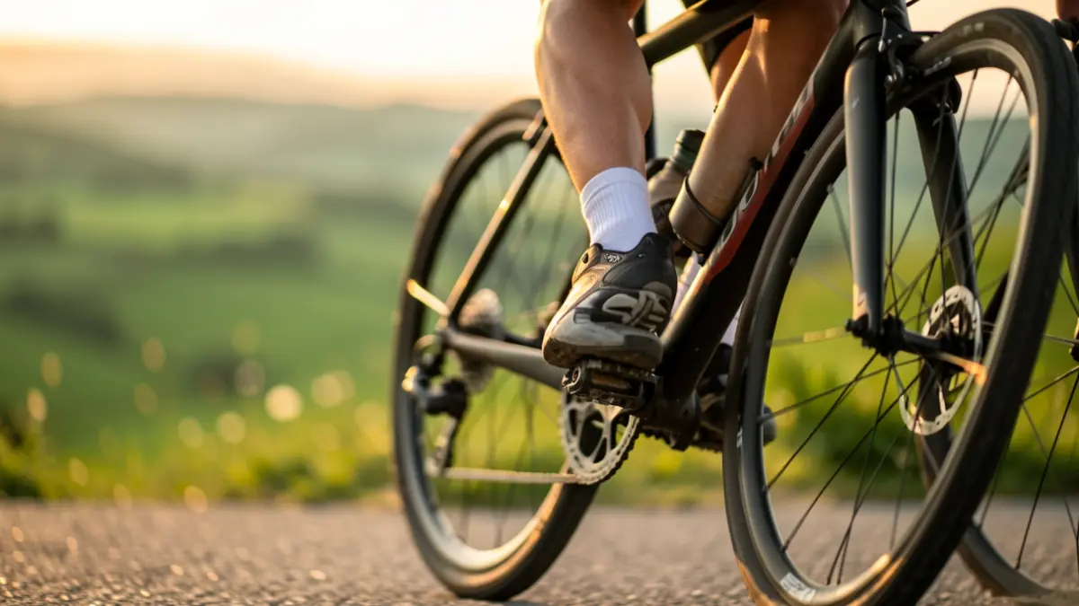 Txirrindulari baten hankak errepideko bizikletan mugimenduan, pedalak eta katea hurbiletik, Euskadiko paisaia berde lauso batekin urrezko orduan.