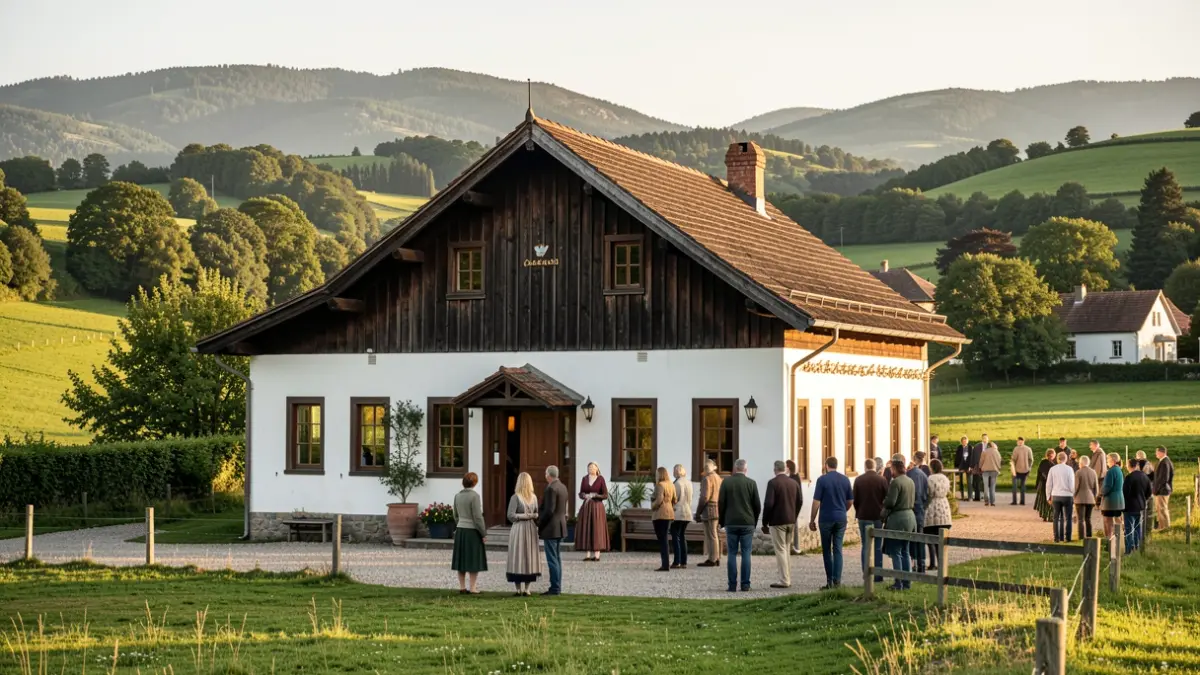 Generic image: Facade of a traditional Basque cider house in a green landscape.