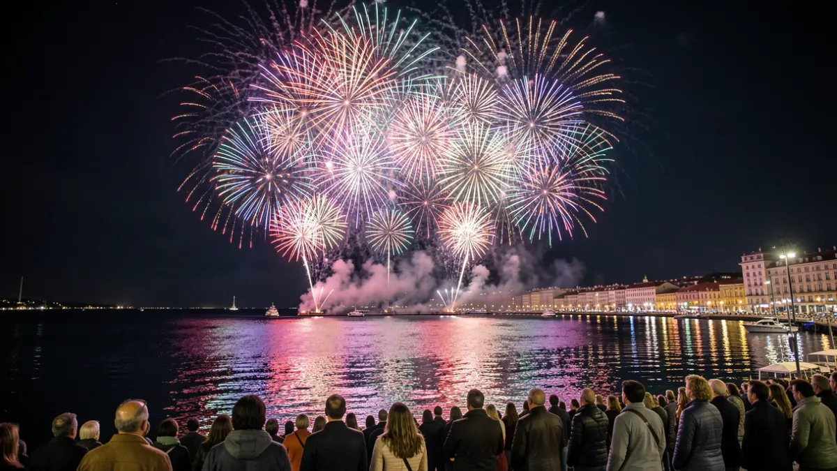 Espectacular despliegue de fuegos artificiales nocturnos sobre la Bahía de La Concha en San Sebastián, con colores vibrantes y patrones intrincados, reflejándose en el agua.