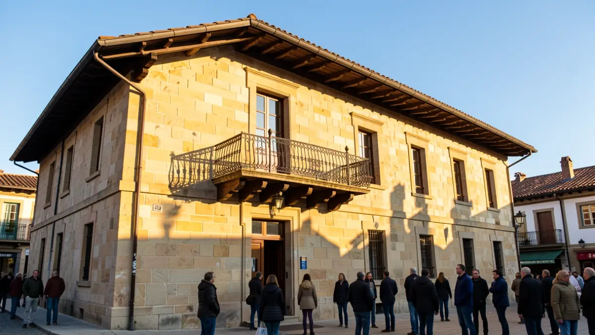 Generic image: Stone facade of a Basque town hall with a balcony and iron railings, in warm afternoon light.