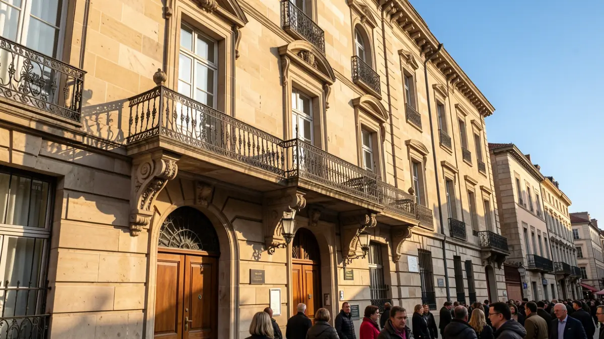 Stone facade of a Euskadi town hall with ornate balcony and iron railings, warm afternoon sunlight casting shadows on the sandstone walls, blue sky, documentary photography style