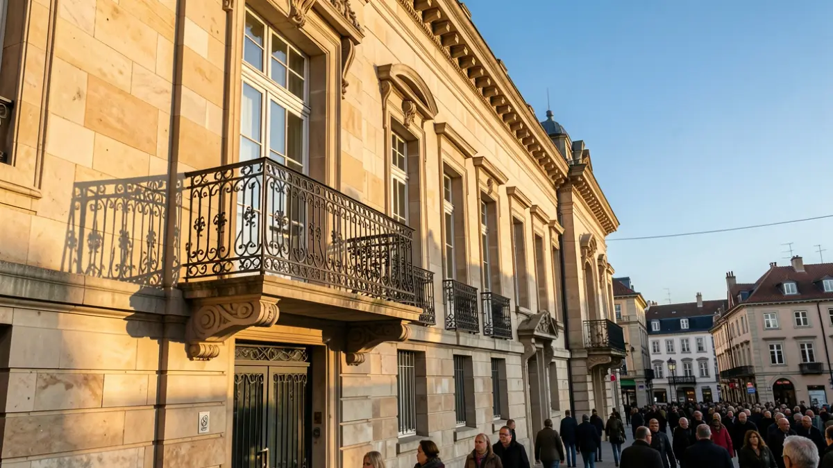Imagen genérica de la fachada de piedra de un ayuntamiento de Euskadi con balcón y barandillas de hierro, luz cálida de la tarde proyectando sombras.