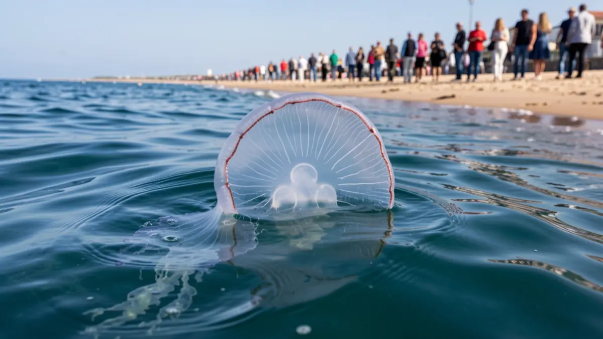 Close-up of a Portuguese man o' war jellyfish with its characteristic sail, floating on the surface of the Cantabrian Sea near a beach.