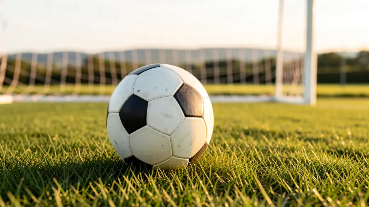 Close-up of a soccer ball on freshly cut grass, with the goal net blurred in the background and golden hour light.