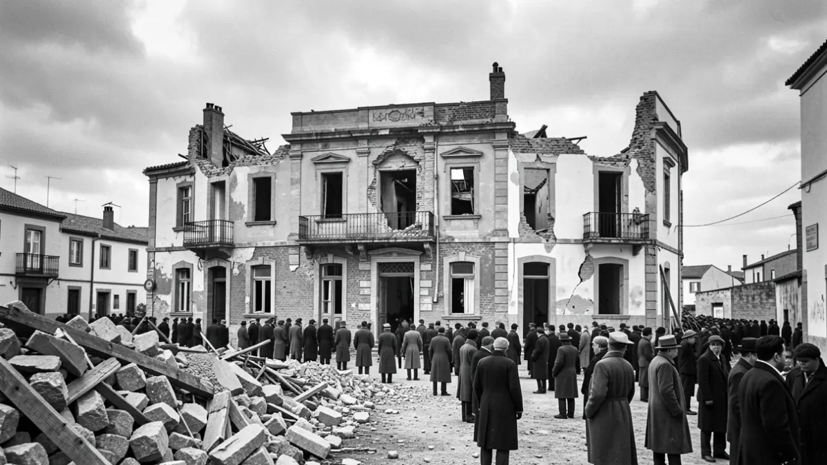 Fotografía histórica de un edificio de Portugalete durante la guerra.