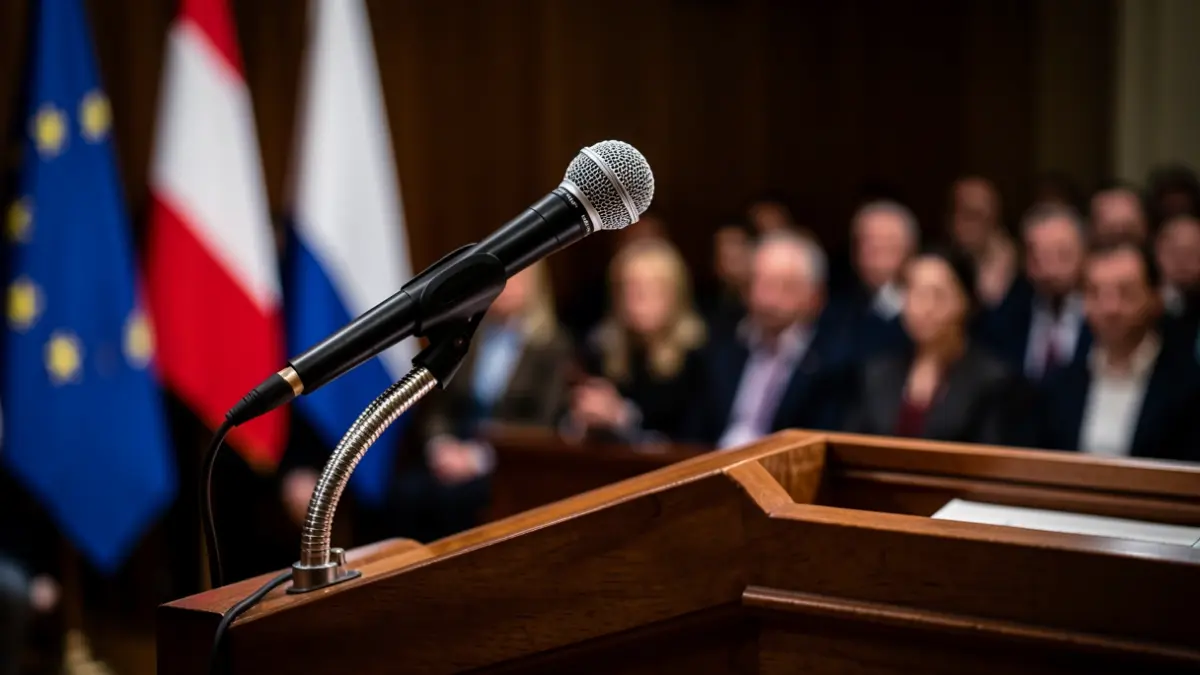 Close-up image of a microphone on a podium with blurred political symbols in the background.