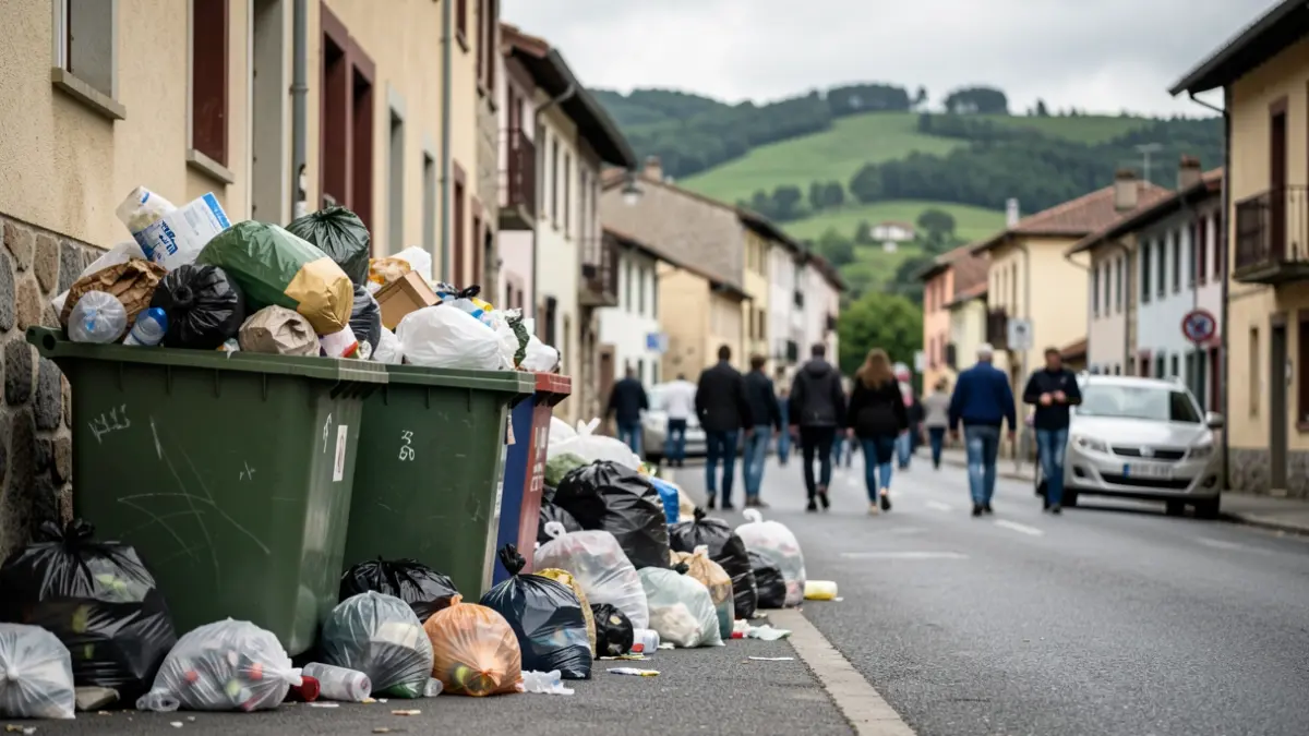 Generic image of overflowing garbage bins and scattered trash bags on a street.