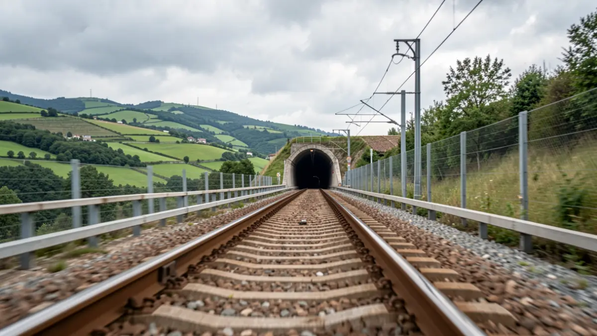 Imagen de primer plano de la entrada de un túnel por donde entra una vía de tren de alta velocidad, con colinas vascas al fondo y cielo nublado.