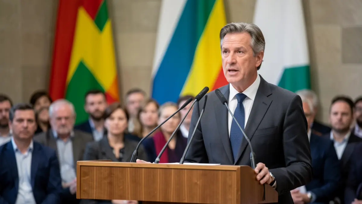 Generic image: Politician Imanol Pradales speaking at a podium with microphones.
