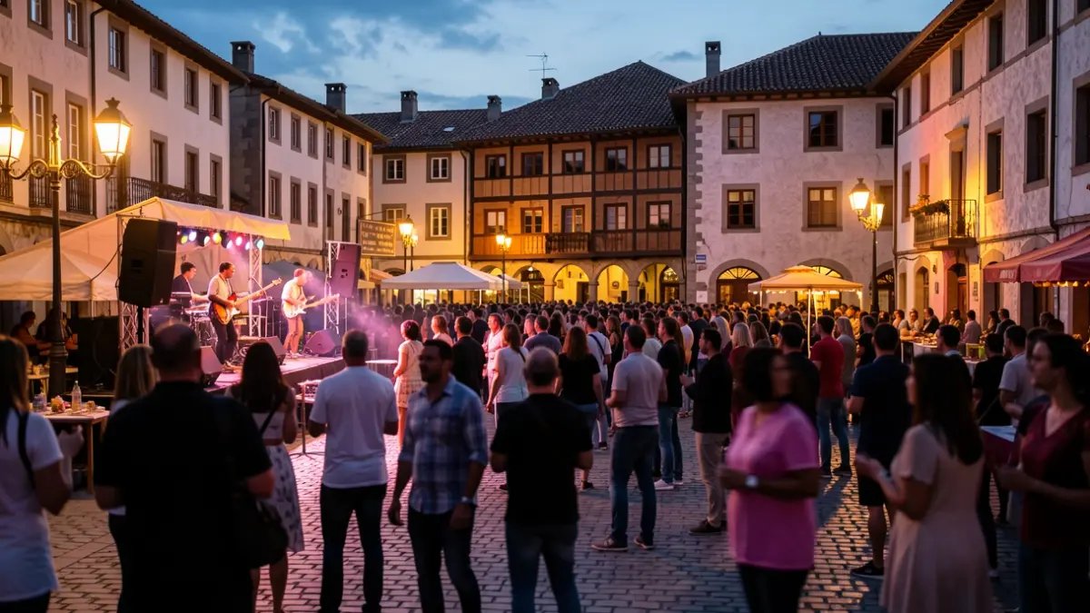 Image of a festival at dusk in a Basque town square, with blurred silhouettes of people enjoying.