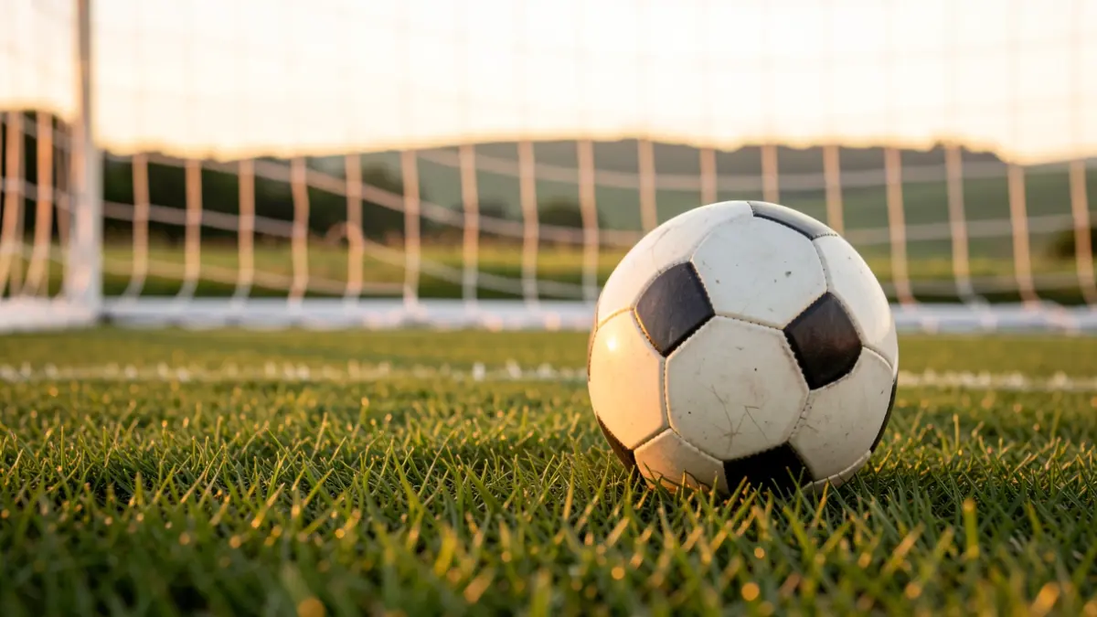 Balón de fútbol sobre césped, con la red de la portería desenfocada.