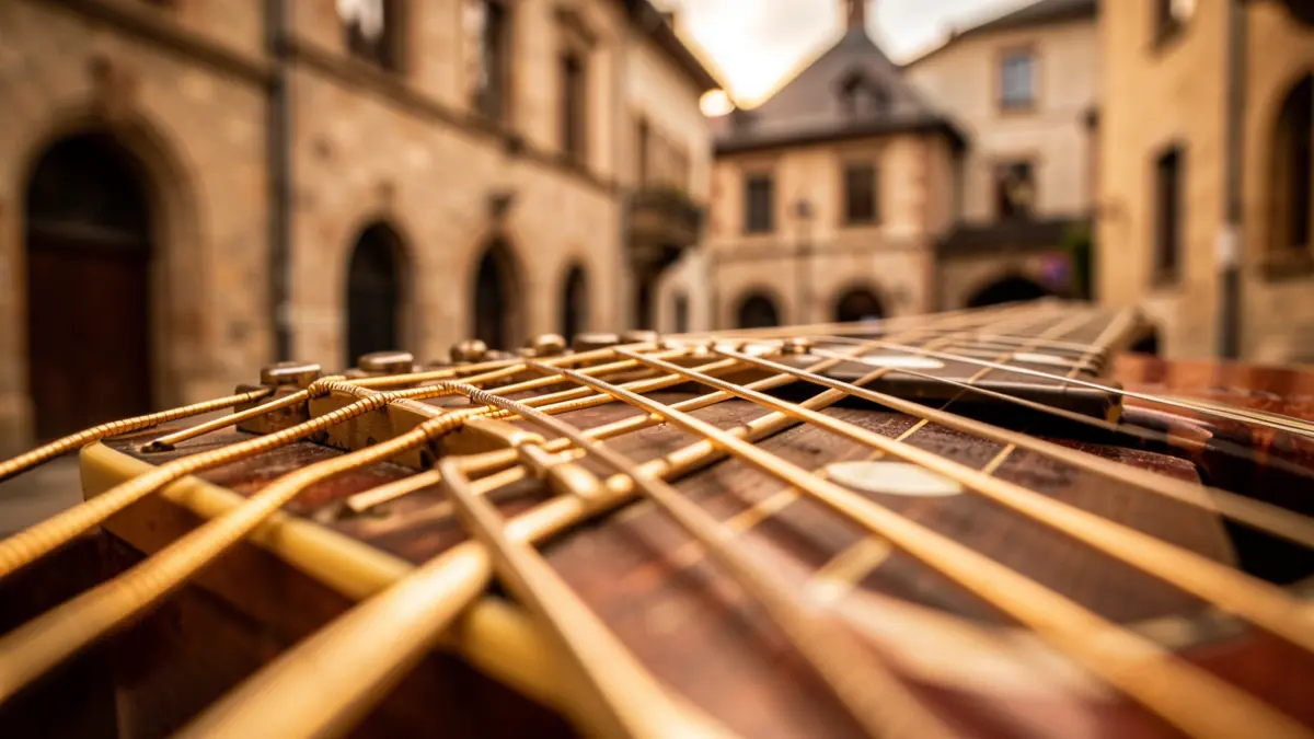 Primer plano del mástil de una guitarra, con luz cálida y poca profundidad de campo.