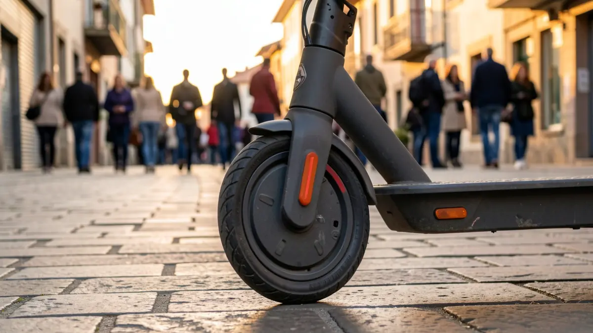 Irudi generikoa: Euskal herri bateko harrizko espaloi batean aparkatuta dagoen patinete elektriko baten gurpilaren hurbileko irudia, arratsaldeko argi epelez.