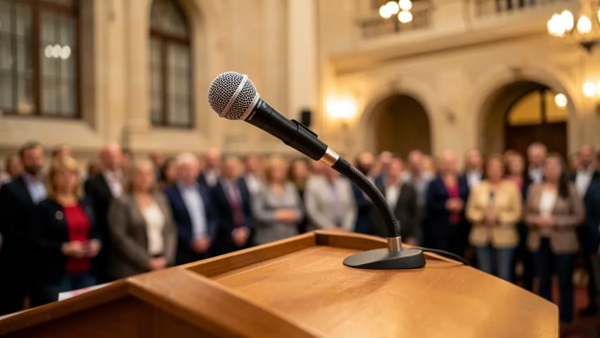 Generic image of a microphone on a podium in the Vitoria-Gasteiz town hall, with blurred institutional architecture in the background.