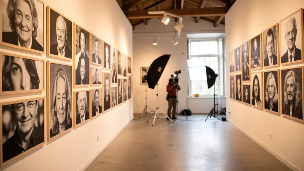 Interior of Romo Kultur Etxea exhibition space in Getxo, showcasing a series of black and white portraits on the walls, with a portable studio setup visible in the background.