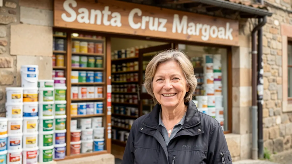 Una mujer sonriente frente a su nueva tienda de pinturas en Legazpi.