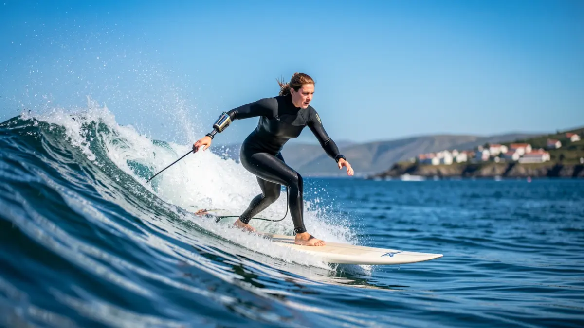 A female surfer on a wave, Stand 1 category.