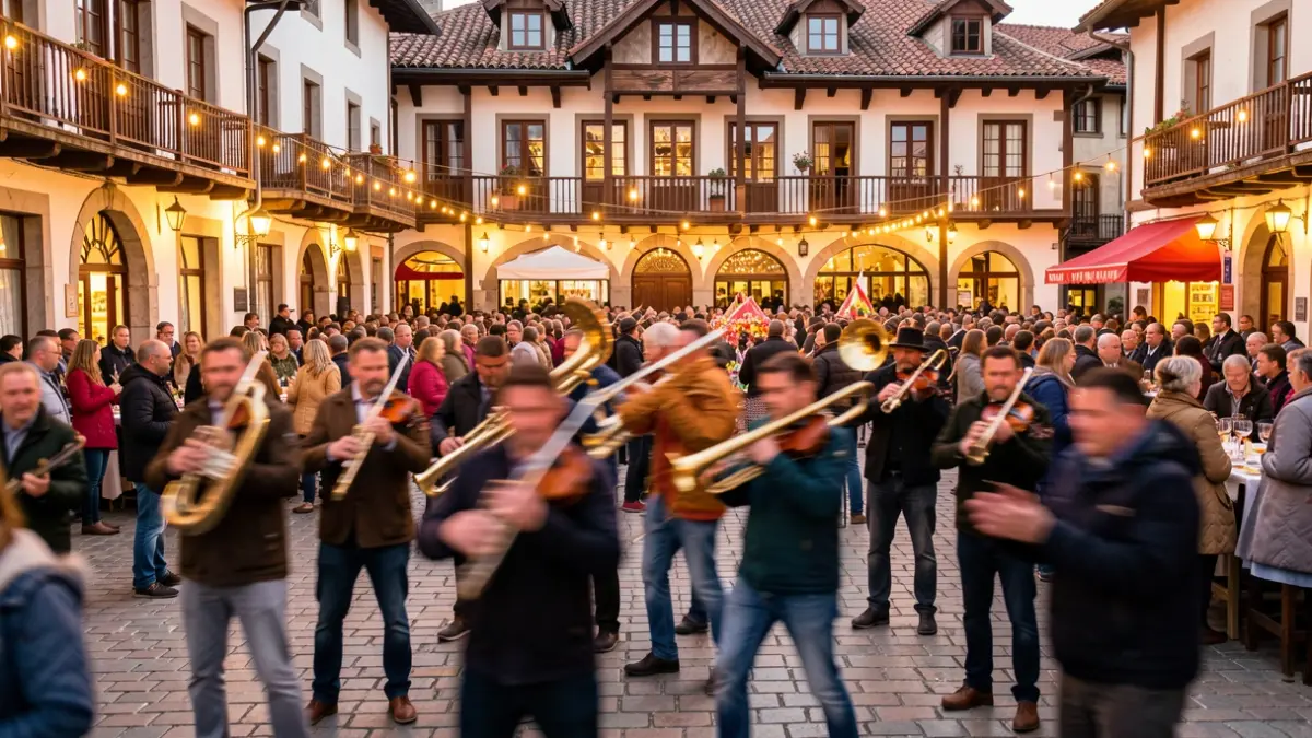 Generic image of a street scene in a Basque town during a festive atmosphere.