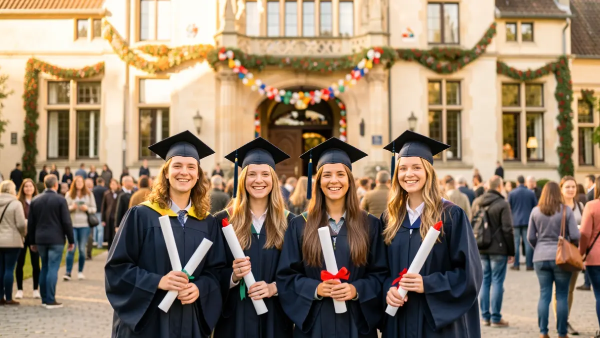Generic image of students in graduation gowns with diplomas in hand, in front of a school building.