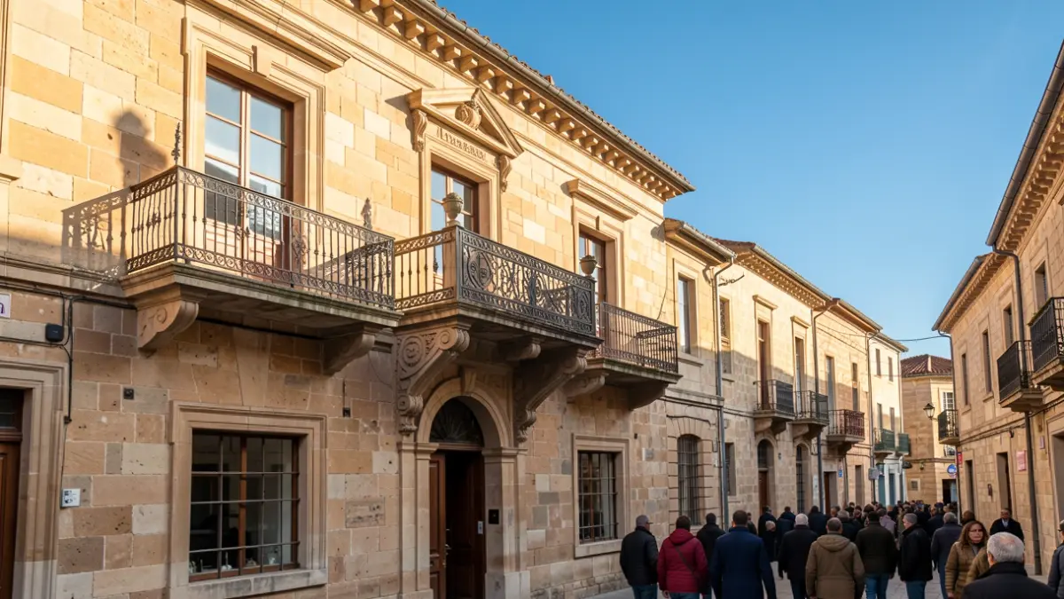 Generic image of a Basque town hall's stone facade with a balcony and iron railings, in the afternoon sunlight.
