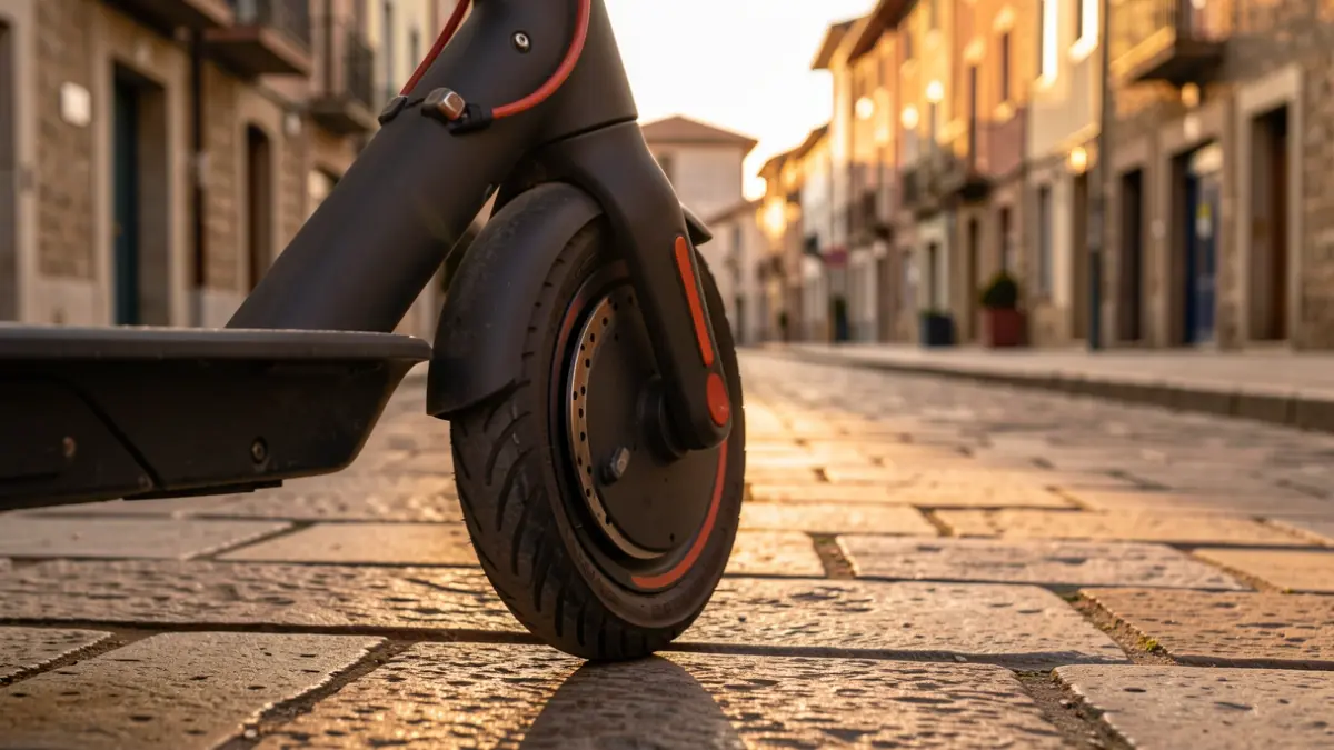 Irudi generikoa: Zarauzko kale harriztatu batean aparkatuta dagoen patinete elektriko baten gurpilaren hurbileko plano bat, arratsaldeko argi epela.