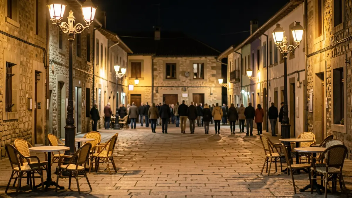 Generic image: Stone-paved town square in the Basque Country at night, ornate iron streetlamps casting warm amber glow.