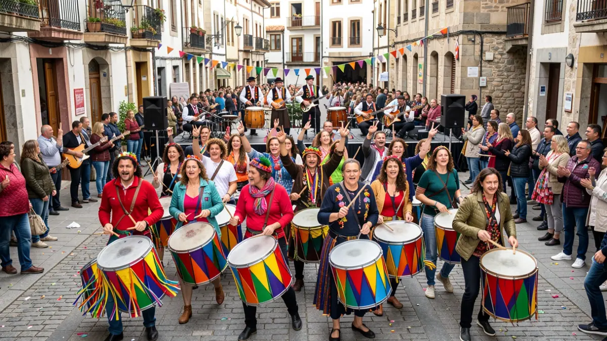 Generic image of the San Joanak festival in Hernani, depicting a feminist batukada and a romería.