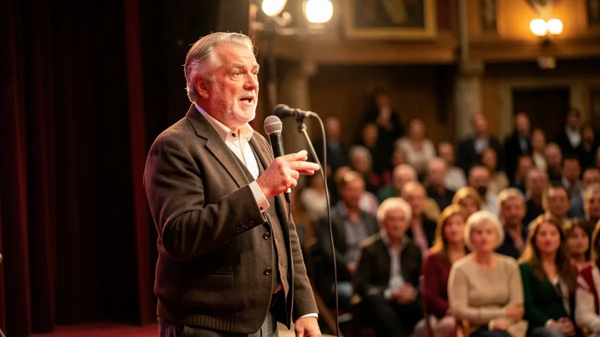 Bertsolari bat eszenatokian, mikrofonoduna, ikusleak lausotuta atzean, Euskal Herriko giro kulturala.