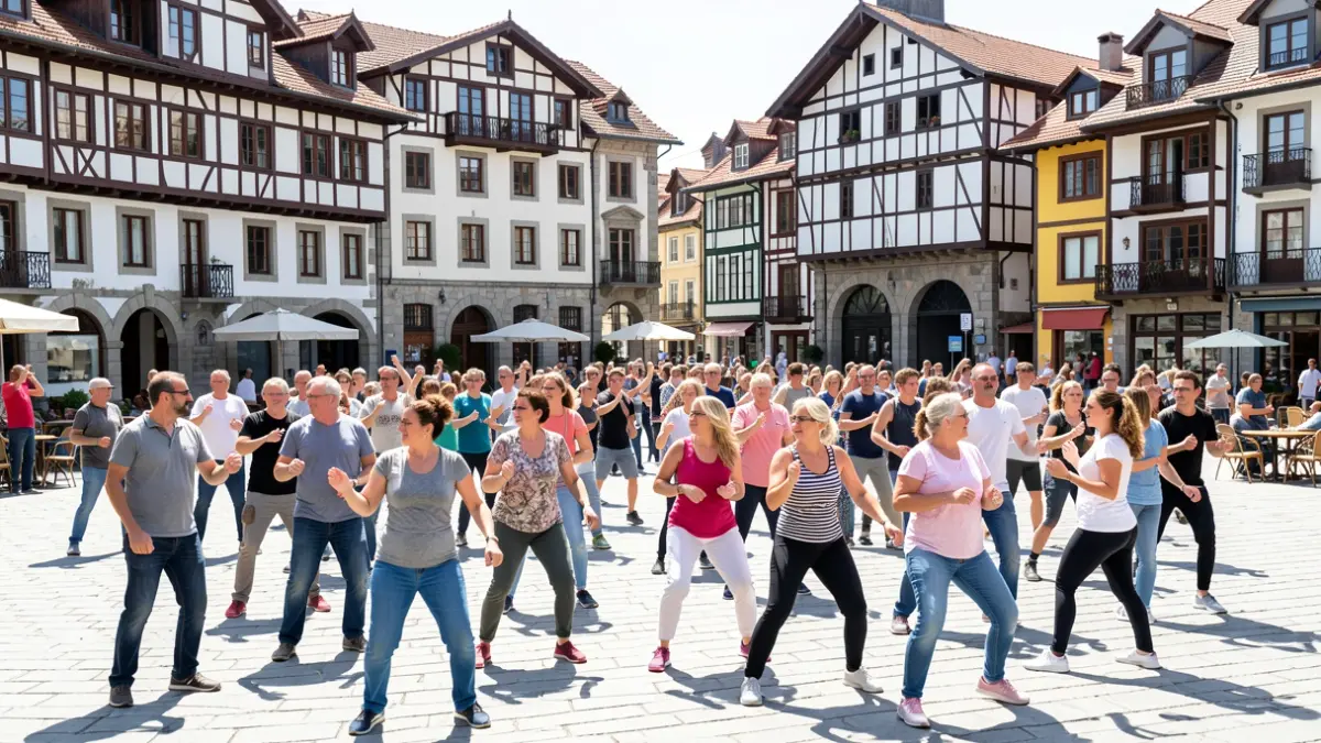 Imagen genérica: Grupo de personas participando en una sesión de gimnasia y zumba en una plaza de Hernani, soleado.