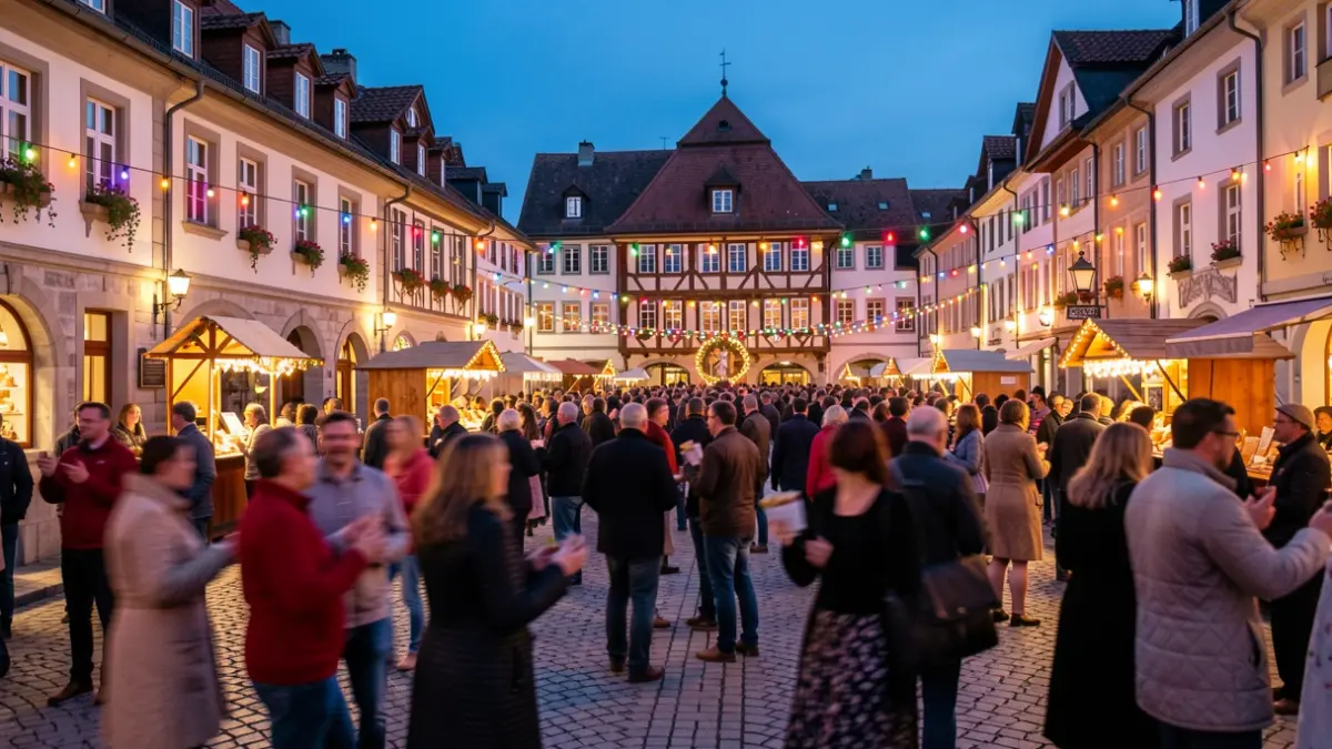 Generic image: Festive atmosphere in a Basque Country town square, with colorful lights and silhouettes of people.