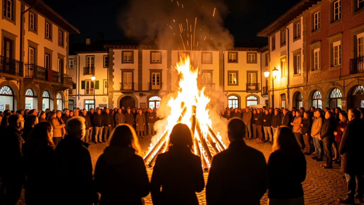 Generic image: A bonfire in the town square, surrounded by silhouettes of people, with night lighting.