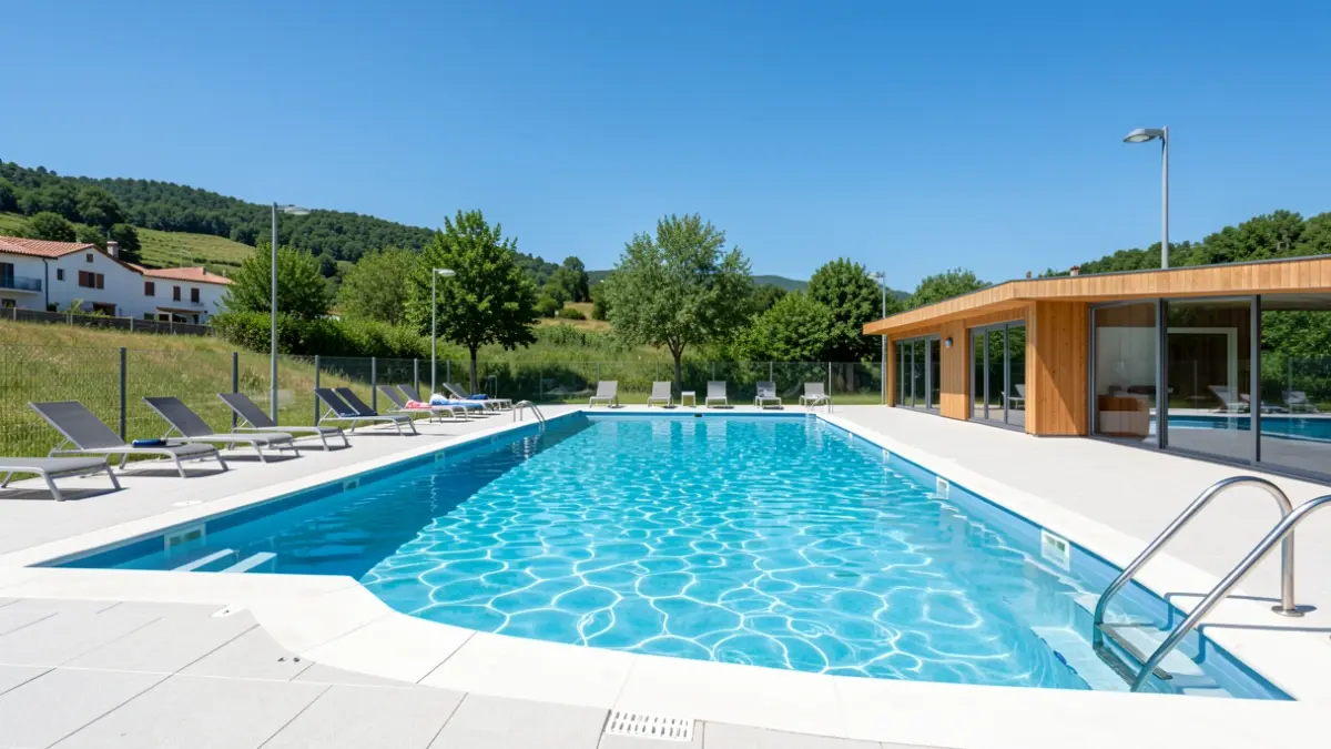 Image of the San Marcial Txingudi outdoor swimming pools in Irun, on a sunny day.