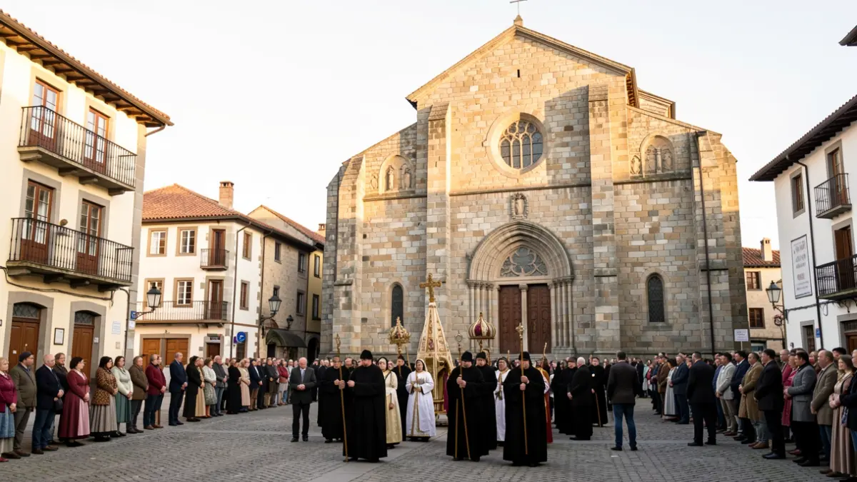 Irudi generikoa: Euskal herri plaza batean prozesio erlijioso bat, atzealdean harrizko eliza fatxada handi batekin, eguzki argi beroa.