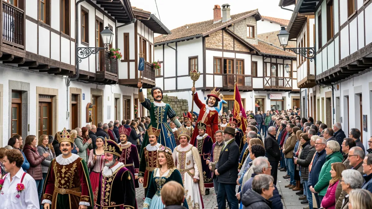 Generic image: Festive street scene with giants and costumed characters.