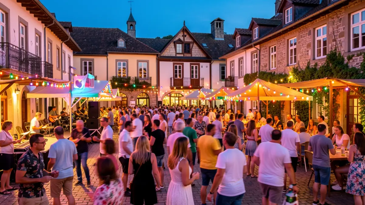 Imagen genérica: Plaza de Orio en ambiente festivo, con luces de colores y siluetas de gente.