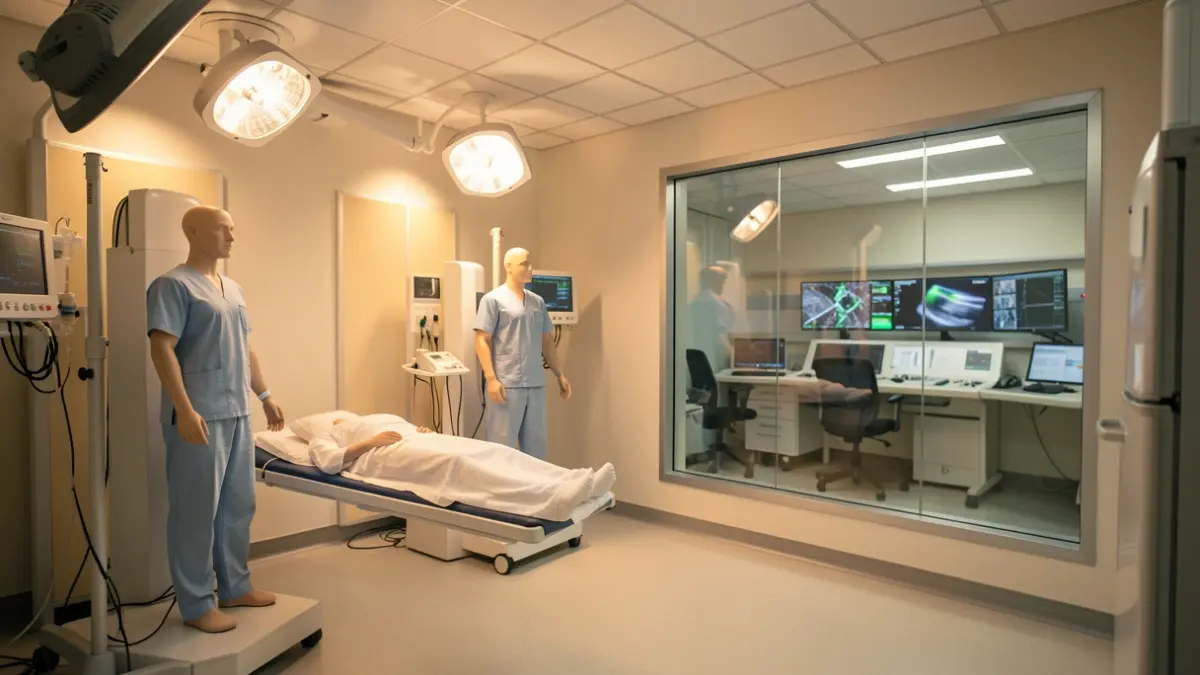 Imagen genérica: Interior de una sala de simulación de hospital moderna con maniquíes médicos avanzados.