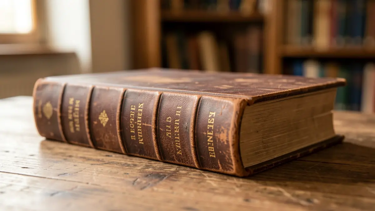 Close-up of an old leather-bound book with faded gold lettering on the spine, resting on a rustic wooden table.