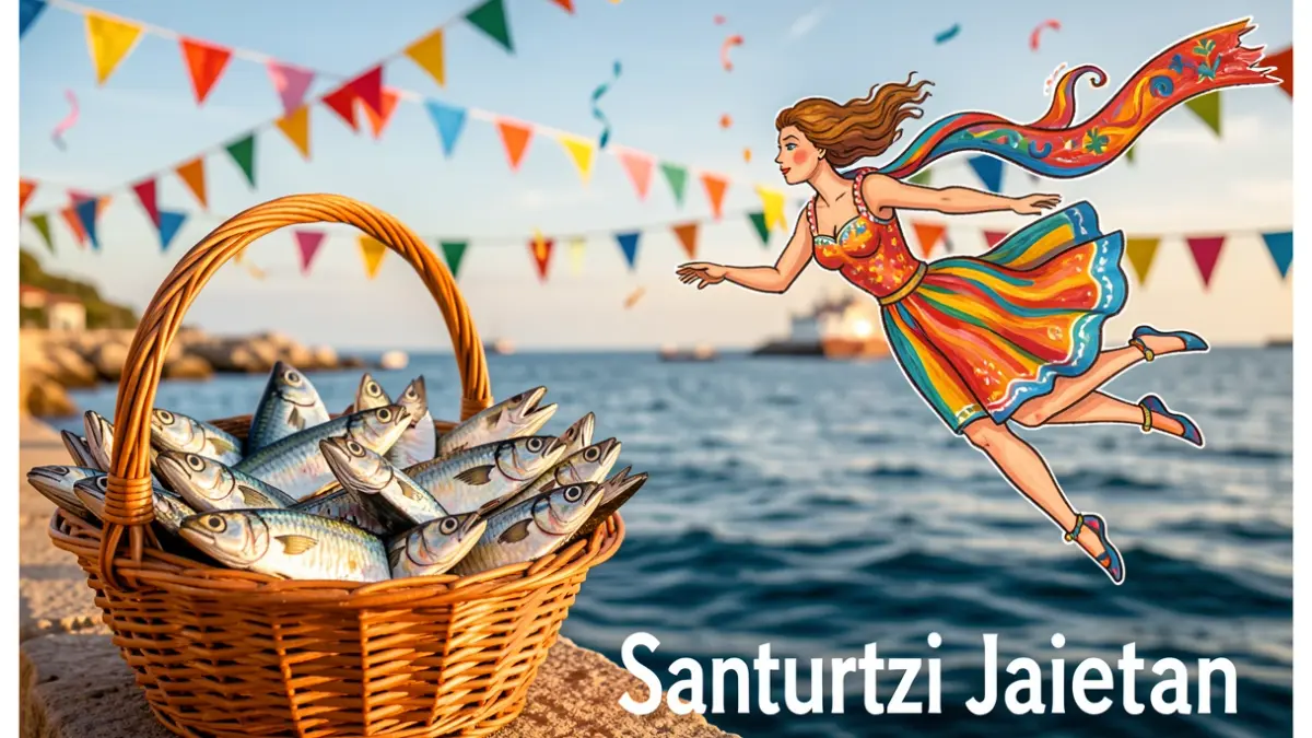 Cartel de las fiestas de Santurtzi que muestra una cesta de sardinas y una figura femenina volando.