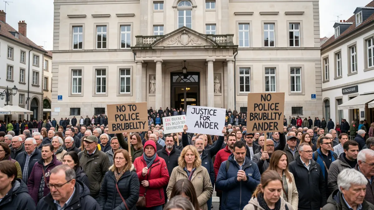 Protesta jendetsua udaletxe aurrean, 'poliziaren basakeriaren aurka' eta 'justizia Anderrentzat' lelodun pankartekin.