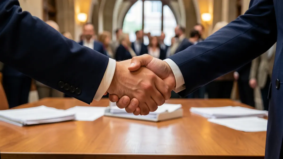 Generic image: hands shaking over a desk.