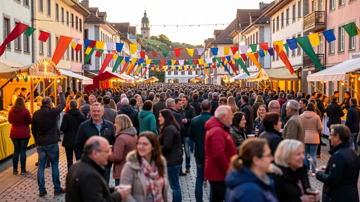 Imagen genérica de una plaza de pueblo en ambiente festivo, con pancartas coloridas y figuras borrosas de gente celebrando.