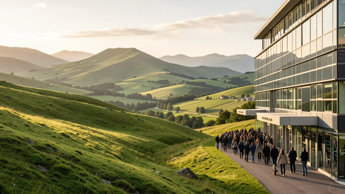 Generic image of Euskadi landscape with a modern building facade, representing security and technology.