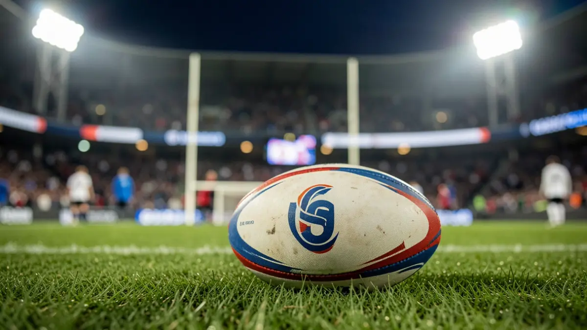 Imagen genérica de un balón de rugby sobre césped.