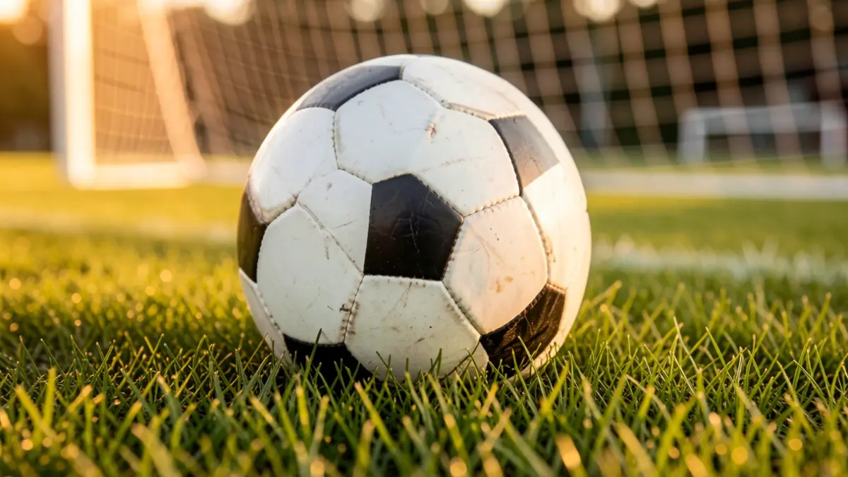A soccer ball resting on freshly cut grass, with the white goal net blurred in the background.