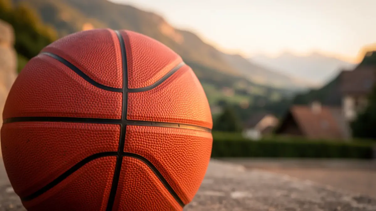 Un balón de baloncesto con el paisaje de Euskadi desenfocado al fondo.