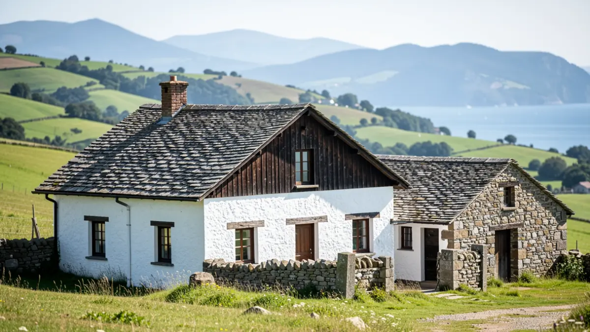 Traditional stone Basque farmhouse with white walls and dark wood, set against green rolling hills and a glimpse of the Cantabrian coast, bright daylight.