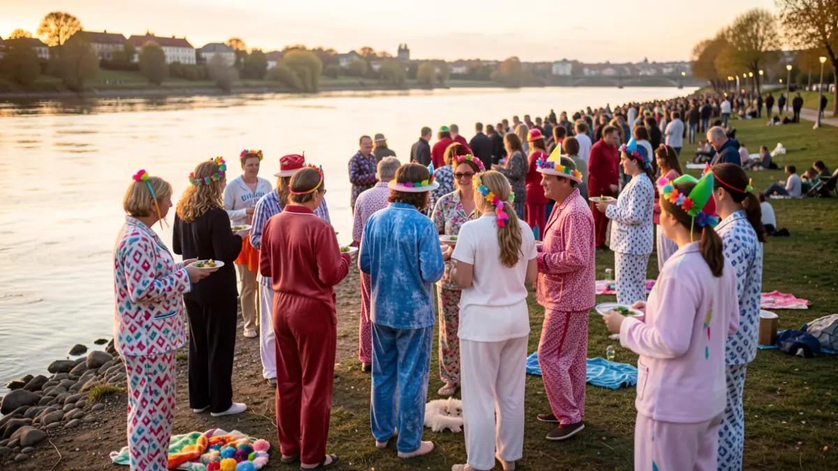 Jende talde bat pijametan eta osagarri koloretsuekin, Euskadiko ibaiaren ertzean ekitaldi jairako prestatzen, aurreikuspen eta komunitate espirituarekin. Argiztapen leuna eta beroa.