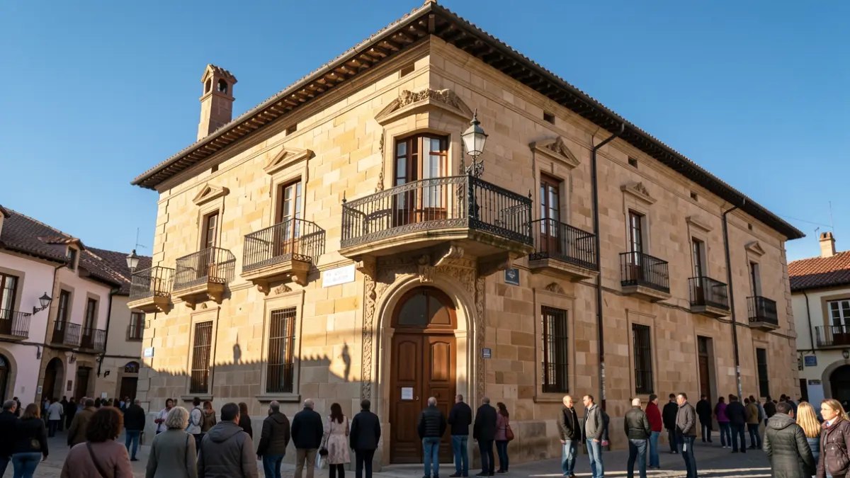 Imagen genérica: Fachada de piedra del ayuntamiento de Vitoria-Gasteiz con balcón y barandilla.