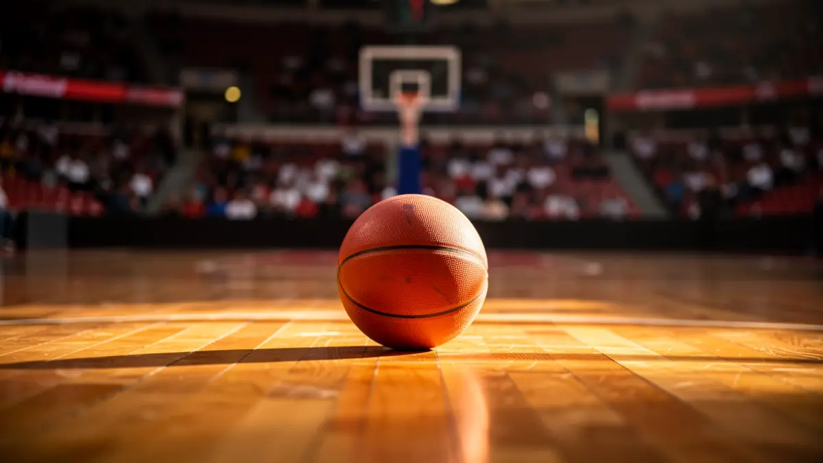 Una cancha de baloncesto con las gradas de un estadio difuminadas al fondo, un balón de baloncesto sobre el parqué.